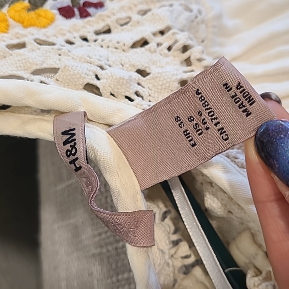 H&M Embroidered Cream Long Sleeve Dress Princess Sleeve Romantic Size 8 Cotton - Picture 5 of 7